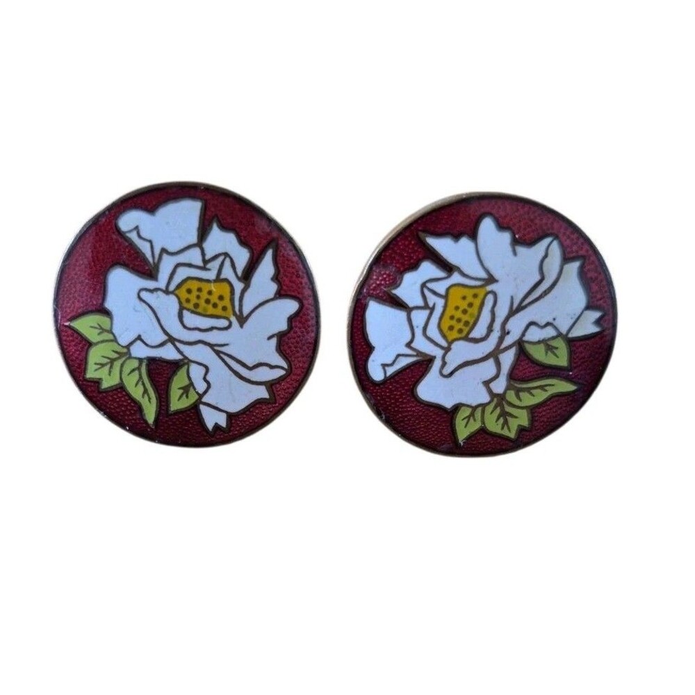 Vintage Cloisonne Enamel Floral Earrings White Flower on Red Screw Back 7/8"